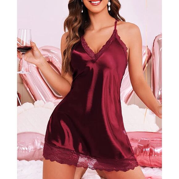 AvidLove Other - Satin & Lace Babydoll Lingerie Chemise Nightie Slip | Dark Cherry Red | Small